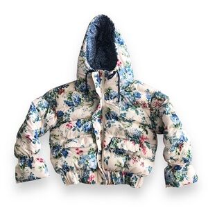 TCEC Floral Hooded Full Zip Snap Puffer Jacket Cream Blue Pink Women’s Sz L